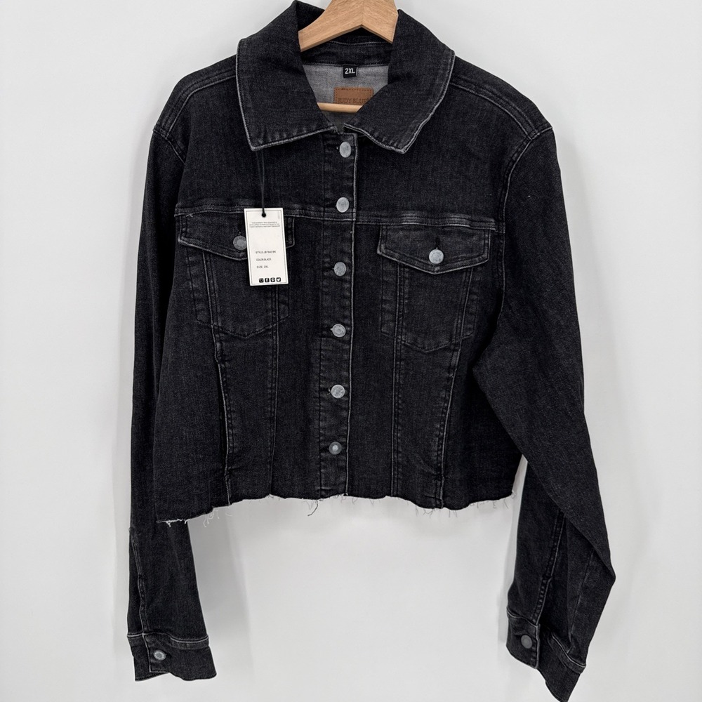 Judy Blue Womens Black Cropped Button Up Denim Jacket 2XL JB7840 BK Grunge